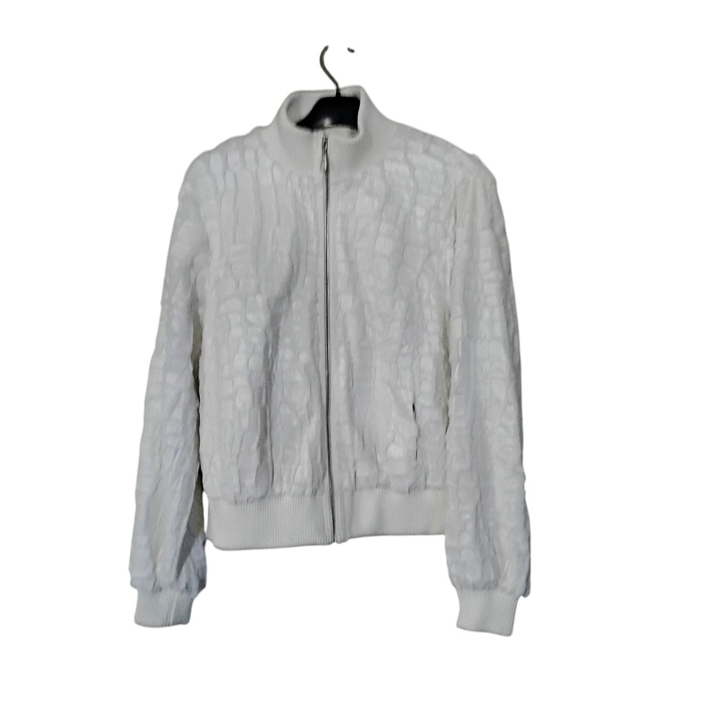 Peter Nygard White Faux Fur Croc Embossed Zip Up Bomber Jacket Medium 3T126409